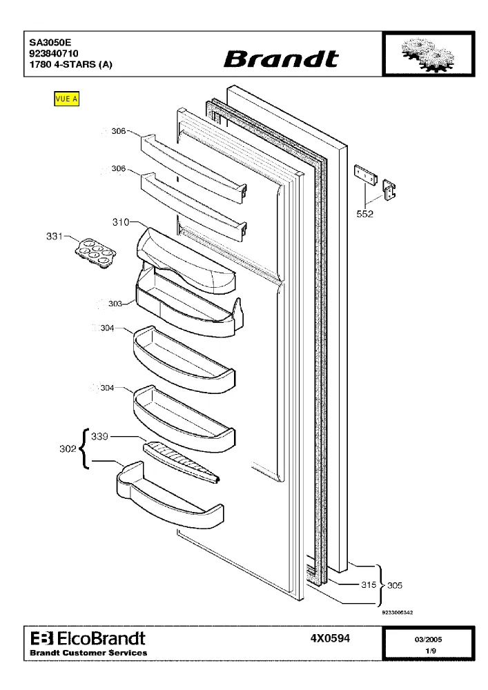 Vue éclatée BRANDT SA3050E 923840710