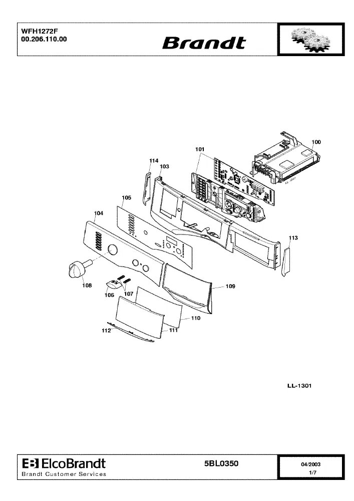 Vue éclatée BRANDT WFH1272F 0020611000